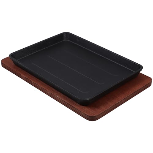 NESTINGHO Sartén Adecuado para Servir Platos Grandes Cuadrada de Hierro Fundido de Fajitas con Placa de Barbacoa de Madera Antiadherente para Restaurante y Catering