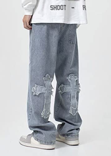ORANDESIGNE Baggy Jeans Bedruckt Herren Men Hip Hop Baggy Jeanshose Teenager Jungen Bein Jeans Skateboard Hose Streetwear ZD Blau XS