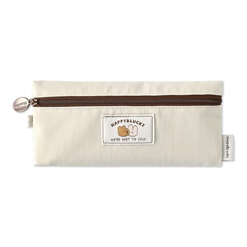 Image of Monolike Happy and Lucky Flat Pencil Case, Ivory - Slim Water-Resistant Nylon Pen Pouch, Aesthetic Pastel Stationery Organizer for Office