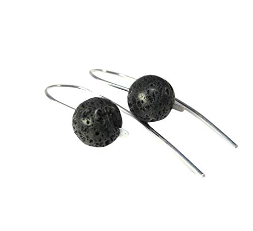 Earrings Hoops Silver Dangles with Lava Rock