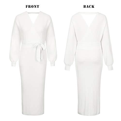 Viottiset Women's V Neck Batwing Long Sleeve Sexy Elegant Backless Wrap Bodycon Holiday Cocktail Slit Long Midi Knitted Sweater Dress With Belt White Small #TOP3
