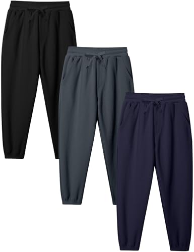 Kissonic 3 Pack Boys Girls Sweatpants Active Joggers Kids Elastic Waist Athletic Jogger Pants with Pockets Drawstring