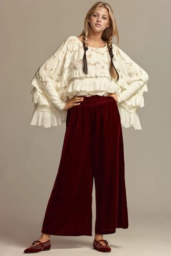 Women's Velvet Pants High Elastic Waist Wide Leg Long Pants Casual Lounge Palazzo Pant Vintage Loose Fit Trouser Red2