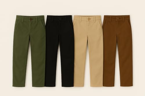 Image of Boys Cotton Stretch Casual Trouser Combo - 4 Pack (Olive, Black, Beige, Brown) | Comfortable Slim Fit Kids Pants Stylish Boys Bottoms