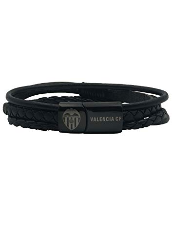 Valencia C.F. Pulsera piel negra varias tiras con cierre negro y garbado escudo y letras