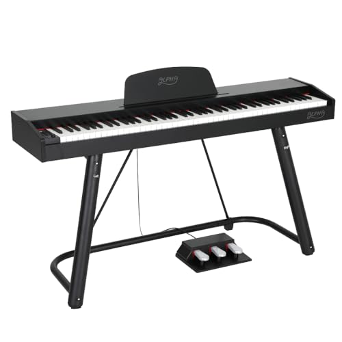 ALPHA 88 Keys Electronic Piano Keyboard Portable Digital Keyboard with Audio Input, Microphone Input, Headphone Output, Tones Rhythms LED Electric Holder Music Stand Adaptor Power Black