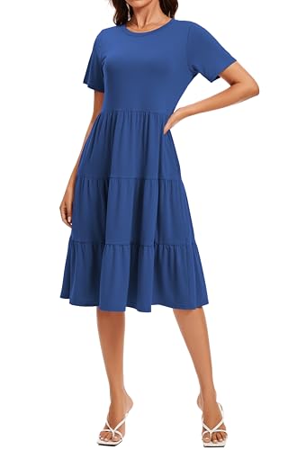 Image of Womens Summer Short Sleeve Crew Neck Midi Dress 2026 Casual Fit Flowy Tiered Beach Vacation Sundress with Pockets
