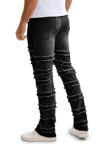 Mens Stacked Jeans Slim Fit Distressed Destroyed Ripped Stretch Flared Jeans for Men2
