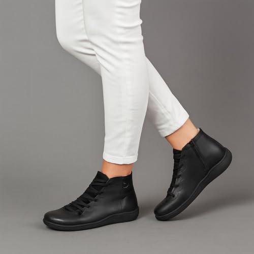 Ankle Boots for Women 2025, Vintage Casual Retro Short Booties with Arch Support, No Heel Lace-Up Side Zipper Flat Shoes, Comfortable Slip-On Leather Boots for Fall Spring Winter2