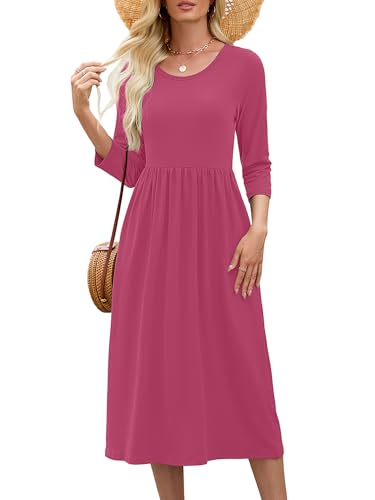 Image of Heymoments Women's Casual 3 /4 Sleeve Midi Dress Crewneck A Line Tiered Flowy Loose Travel Long Dresses with Pockets