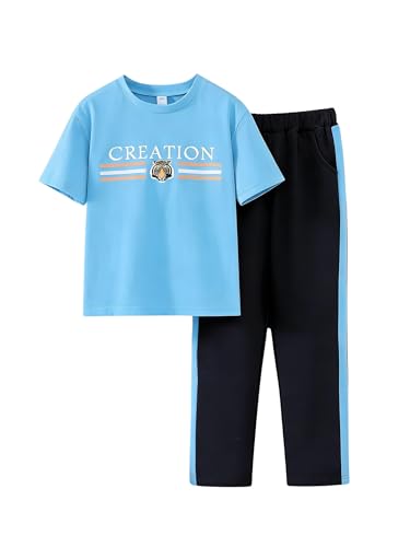 Image of Yoxindax Tween Boy Clothes 2-Piece Letter Print Tee And Color-Block Pants Summer Outfits