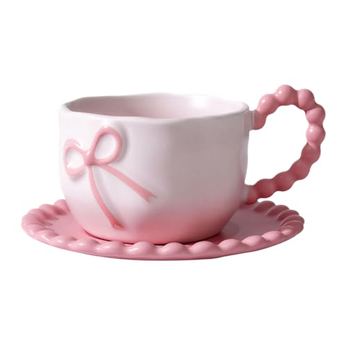 Bow Cup and Saucer Set 350ml Pink Bow Ceramic Coffee Mug Cute Mug Gifts for Women Girl Daughter Sister Bestie Friends Birthday Preppy Pink Stuff for Home School Office Use