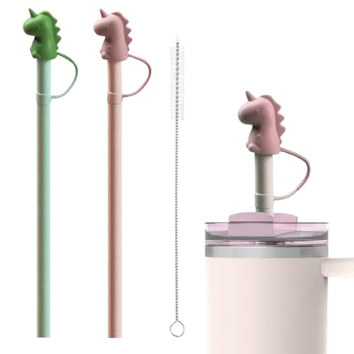 HASTHIP® 2Pcs Silicone Straw with Cleaning Brush, 12 inches Colorful Silicone Straws for Water Bottle, BPA -Free, Reusable, Kids Silicone Straws with Cartoon Dino Cap