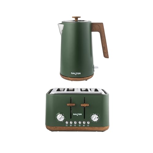 Salter Toronto Green Toaster & Kettle Set 4-Slice 1630W Toaster with 6 Browning Levels & Wide Slots 1.7L 3000W Rapid Boil Kettle with Limescale Filter Auto Shut-Off & Wooden Accents