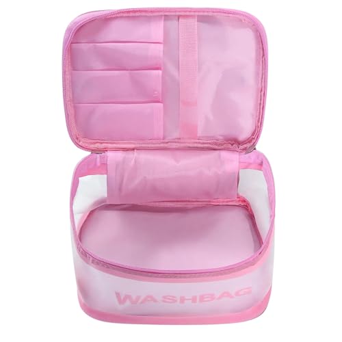 Image of Transparent and PU Waterproof Cosmetic Wash Bag (Pink, Square Shape) - Travel Toiletry Organizer Pouch with Zipper & Handle for Makeup & Skincare (21.5W x 15B x 16H cm, Pack of 1)