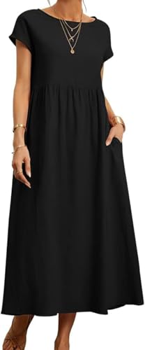 Image of BIRW Cotton Linen Dresses for Women 2025 Summer Casual A Line Flowy Dress Beach Vacation Midi Gauze Dress with Pockets
