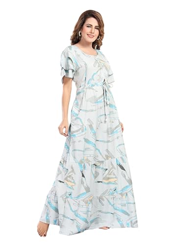Image of NIGHT SHADES | Alpine Frock Style Designer Nighty |Women's Abstract Print Maxi Dress | Ruffle Sleeve |Cotton Blend| Women Nighty | Nighty for Women | Gown |