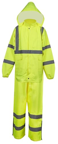OrangeGear® High Visibility Hooded Class 3 Zipper & Button Lime Waterproof Rain Jacket & Pant Suit (US, Alpha, X-Large, Regular, Regular, Lime)