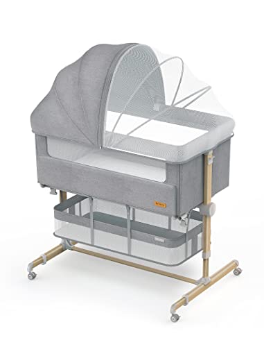 Image of Baby Bassinet Bedside Sleeper, besrey Bedside Bassinet for Newborn Infant with Comfy Mattress, 9 Height Positions, Adjustable Bedside Crib with 360° Swivel Wheels, Bassinet Sleeper with Storage Basket
