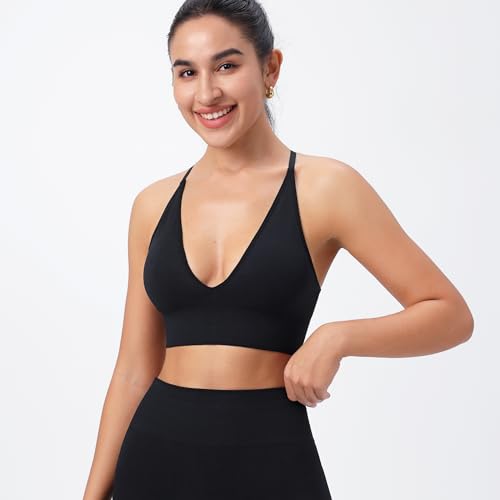 Image of Evercute Women's Sports Bras 3 /4 Pack Adjustable Deep V Neck Bras Wireless Spaghetti Strap Criss Cross Padded Low Support Bra