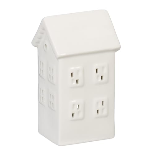 Relaxdays Casetta Portacandele in Ceramica, Casa Luminosa Porta-Tealight, per 1 Candelina, HLP: 12 x 6 x 5,5 cm, Bianco