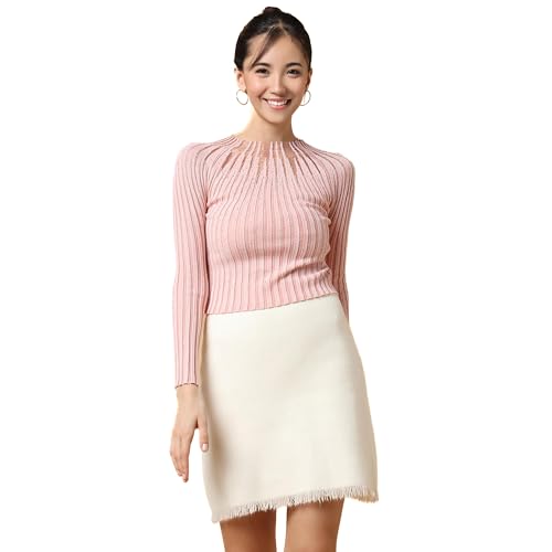 Image of ICW Women Knitted Rhinestone Embellised Daimond Studded Mesh Round Neck Long Sleeve Crop Top T-Shirt 206