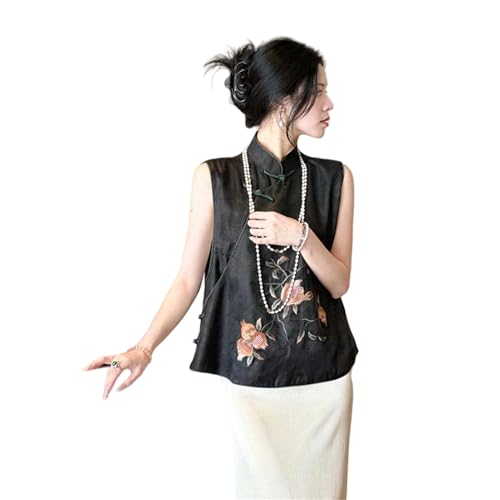 Chaleco de verano para mujer estilo chino delgado negro sin mangas JYHBHMZG