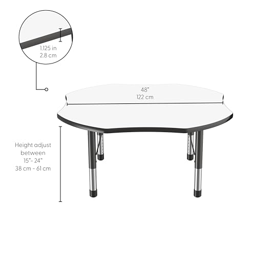 Image of FDP Dry-Erase Clover Activity School and Classroom Kids Table (48 x 48 inch), Chunky Toddler Legs for Collaborative Spaces, Adjustable Height 15-24 inches - Whiteboard Top and Black Edge