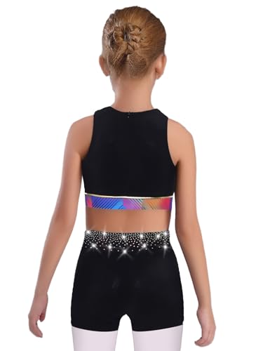 Girls Sparkly 2 Pcs Dance Outfit Rhinestone Sleeveless Crop Top with Shorts Gymnastics Sports Sets2