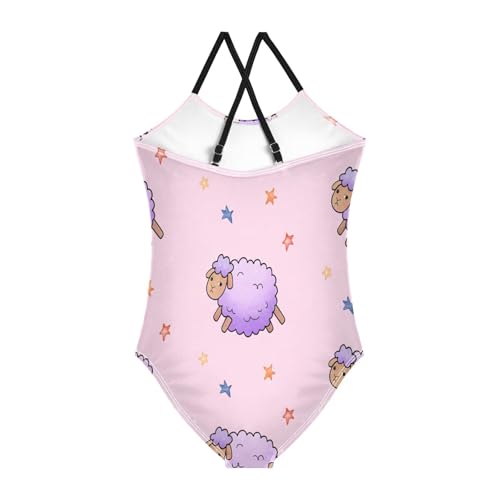 Kids Swim Suits 3-10 Y Beach Swimsuit Girls, Cute Purple Sheep Pink2