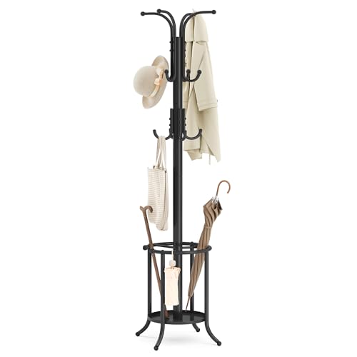 SONGMICS Coat Rack Freestanding, Coat Rack with Umbrella Holder with 12 Hooks, for Entryway, Hallway, Living Room, Bedroom, Ink Black URCR011B01