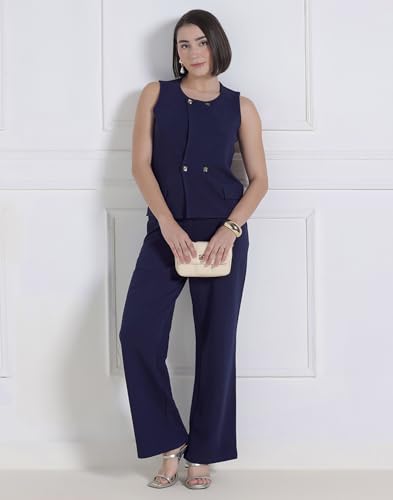 Image of Selvia Navy Blue Lycra Co-ord Set for Women, Button Detail Waist Top and Trouser Pant