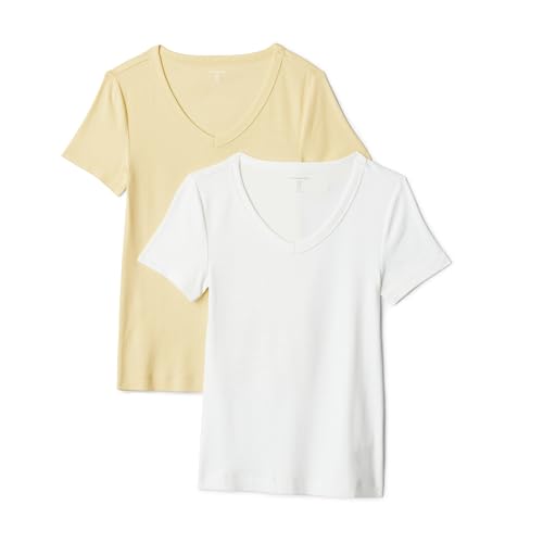 Amazon Essentials Damen 2-Pack Slim-Fit Short-Sleeve V-Neck T-Shirt 2er Pack Pastell Gelb/Weiß Medium