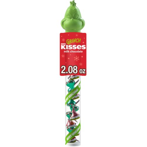 HERSHEY'S KISSES Grinch Milk Chocolate Candy, Christmas, 2.08 oz Filled Plastic Cane
