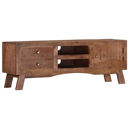 Gecheer Mueble para TV Rústico Vintage de Madera de Mango en Bruto con Cajones y Puerta, 110 x 30 x 40 cm