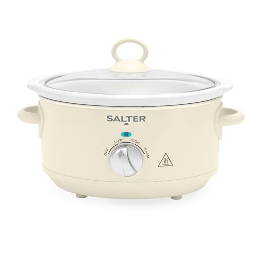Salter Retro 3.5L Slow Cooker – 3 Heat Settings & Keep Warm, Dishwasher Safe Ceramic Pot, Tempered Glass Lid, Cool Touch Handles, Family Cooking, Stews, Casseroles, Curries, Cream, 200W, EK6249CRM