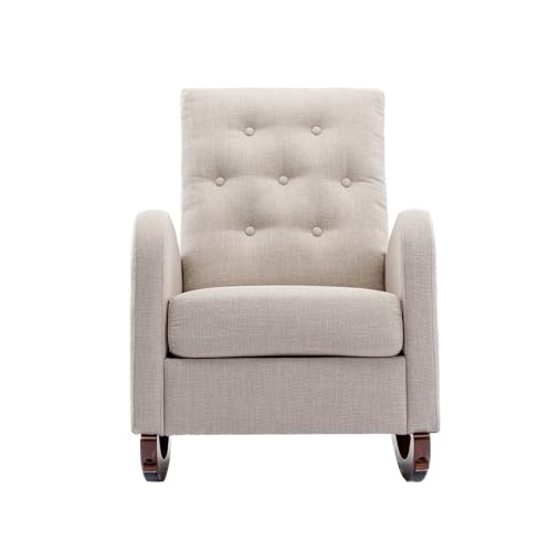 Image of Modern Accent Rocking Chair, Upholstered Nursery Glider Rocker for Baby, Comfy Armchair with Side Pocket, Living Room Lounge Arm Chair, High Backrest with Decorative Button, Linen Fabric (Oyster Grey)
