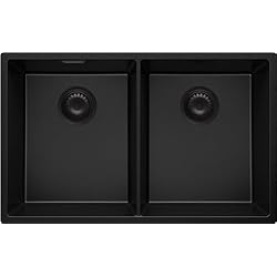 Fregadero Negro 80Cm Fregadero bajo Encimera Negro 76x47 cm, Fregadero Granito 2 Senos + Kit de Drenaje, Fregadero al mueble 80cm, Fregadero de Primagran