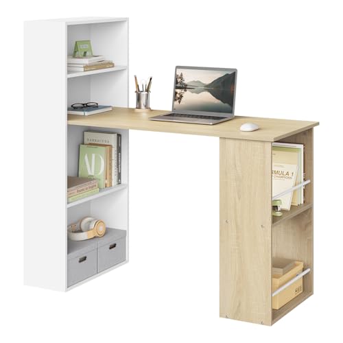 eSituro Bureau avec Rangement et Etagere, Table Bureau pour Études et Chambre Ado, 120x55x122 cm, Chêne Blanc, Style Scandinave