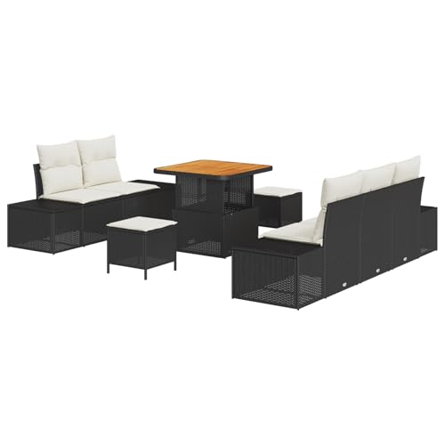 vidaXL Juego de sofá de jardín 8 Piezas con Cojines Negro Poliratán Acacia, Sofá de jardín de 2 plazas Almacenamiento y Cojines Negro Poliratán, Juego de Comedor de jardín de 3 Piezas Vi