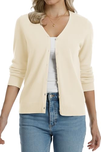 Image of QUALFORT Women's 100% Cotton Lightweight Cardigans Long Sleeve Knitted Button Down Sweater