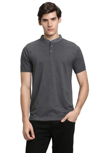 Image of Dennis Lingo Men's Cotton Grey Solid Regular Fit Mandarin Collar Short Sleeve Polo Tshirt