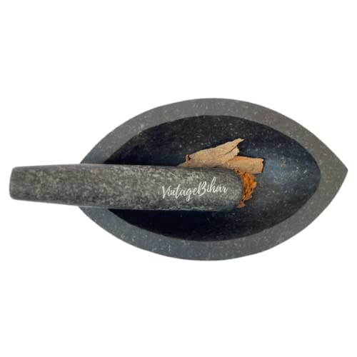 VintageBihar Granite Tamda Stone Mortar and Pestle Set Boat Shape Khalbatta for Kitchen, Traditional Grinder for Spices, Chutneys, and Herbal Pastes (Length = 7 Inch)
