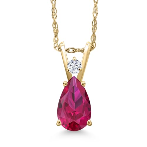 Gem Stone King 14K Yellow Gold Red Created Ruby and White Moissanite Pendant Necklace for Women | 1.07 Cttw | Gemstone July Birthstone | Pear Shape 8X5MM | With 18 Inch Chain