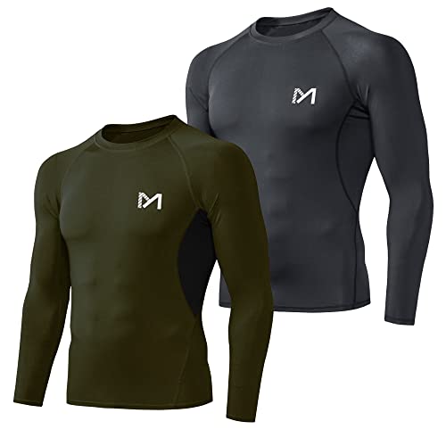 MEETYOO Herren-Kompressionsshirt, langärmelig, athletisches Workout-Shirt, Grün/Schwarz, L