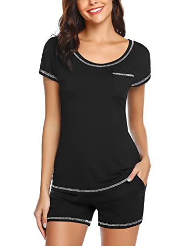 Ekouaer Women's Soft Round Neck Sleepwear Cotton Short Sleeve Pajama Set Black Small #TOP10