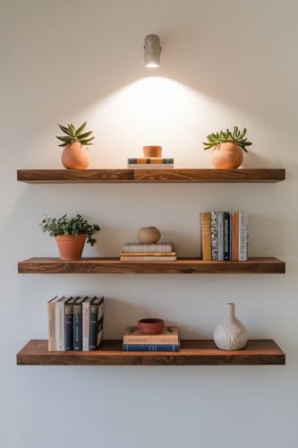 Image of Solid Wood Floating Wall Shelves | Rustic Wooden Display Shelves for Living Room, Bedroom, Kitchen & Bathroom | Heavy Duty Wall Mounted Shelves (20 Inches, 3 Shelves)