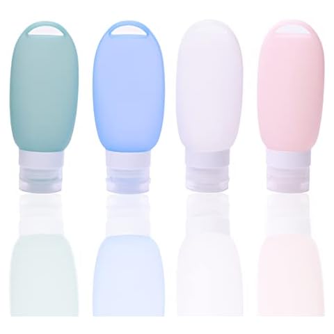 Travel Bottles for Toiletries Set of 4, 3 oz Empty Silicone Containers Travel Essentials, Portable Travel Size Refillable Lotion Shampoo and Conditioner Bottles, Small Squeeze Bottles Accessories Cover