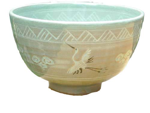 茶碗、青磁、雲鶴の図、陶詩窯、ふか13番 茶碗、青磁、雲鶴の図、陶詩窯、ふか13番 茶碗、青磁、雲鶴