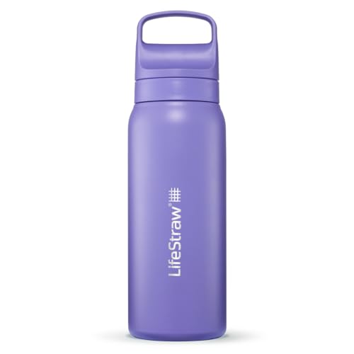 LifeStraw Go Series — Insulated Stainless Steel Water Filter Bottle for Travel and Everyday Use Removes Bacteria, Parasites and Microplastics, Improves Taste, 24 oz, Thistle Purple